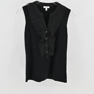 Cache Pleated Ruffle‎ Top Womens Size L Black Knit Sleeveless Cotton Blouse Chic